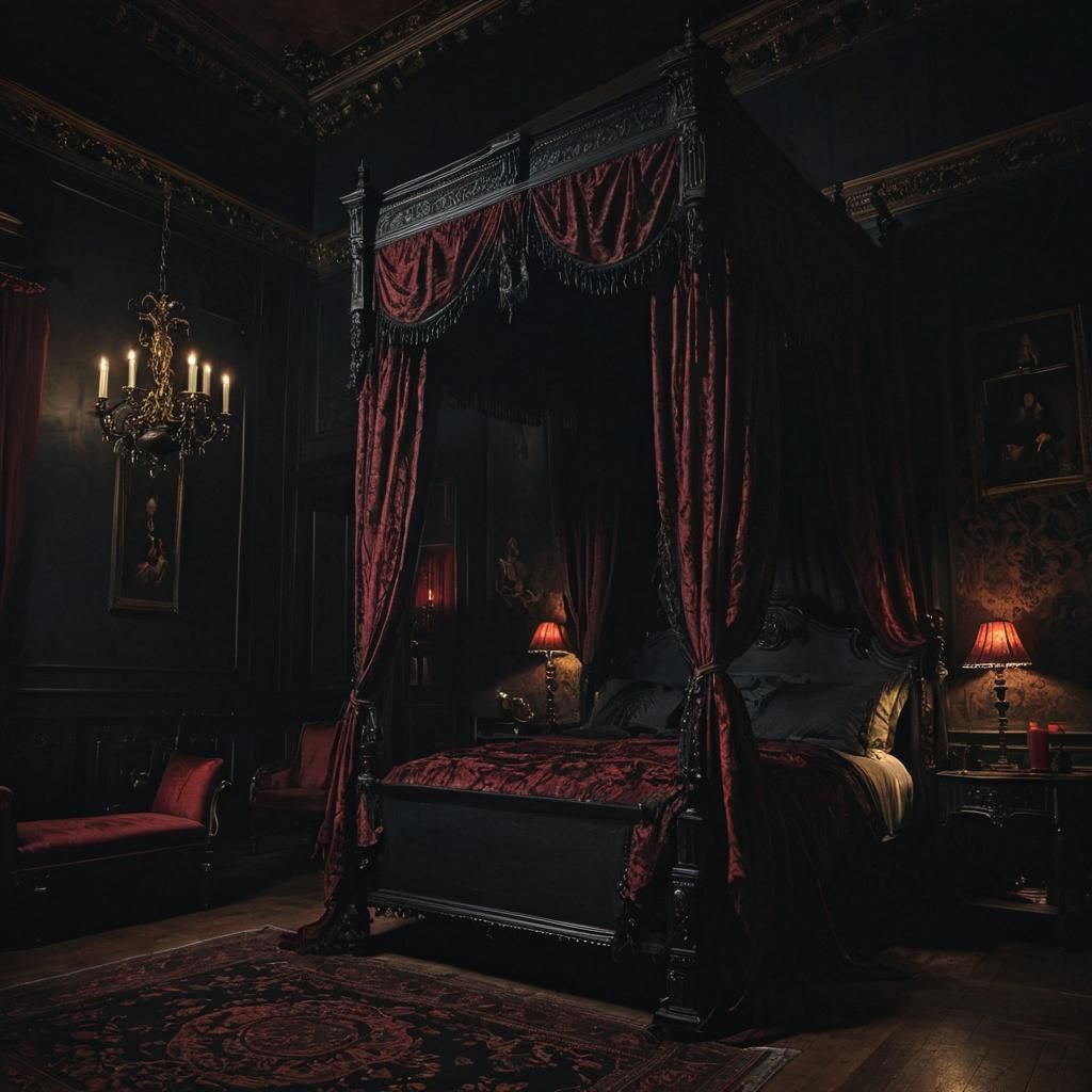 Gothic Victorian Bedroom in Dark Oil Painting Style