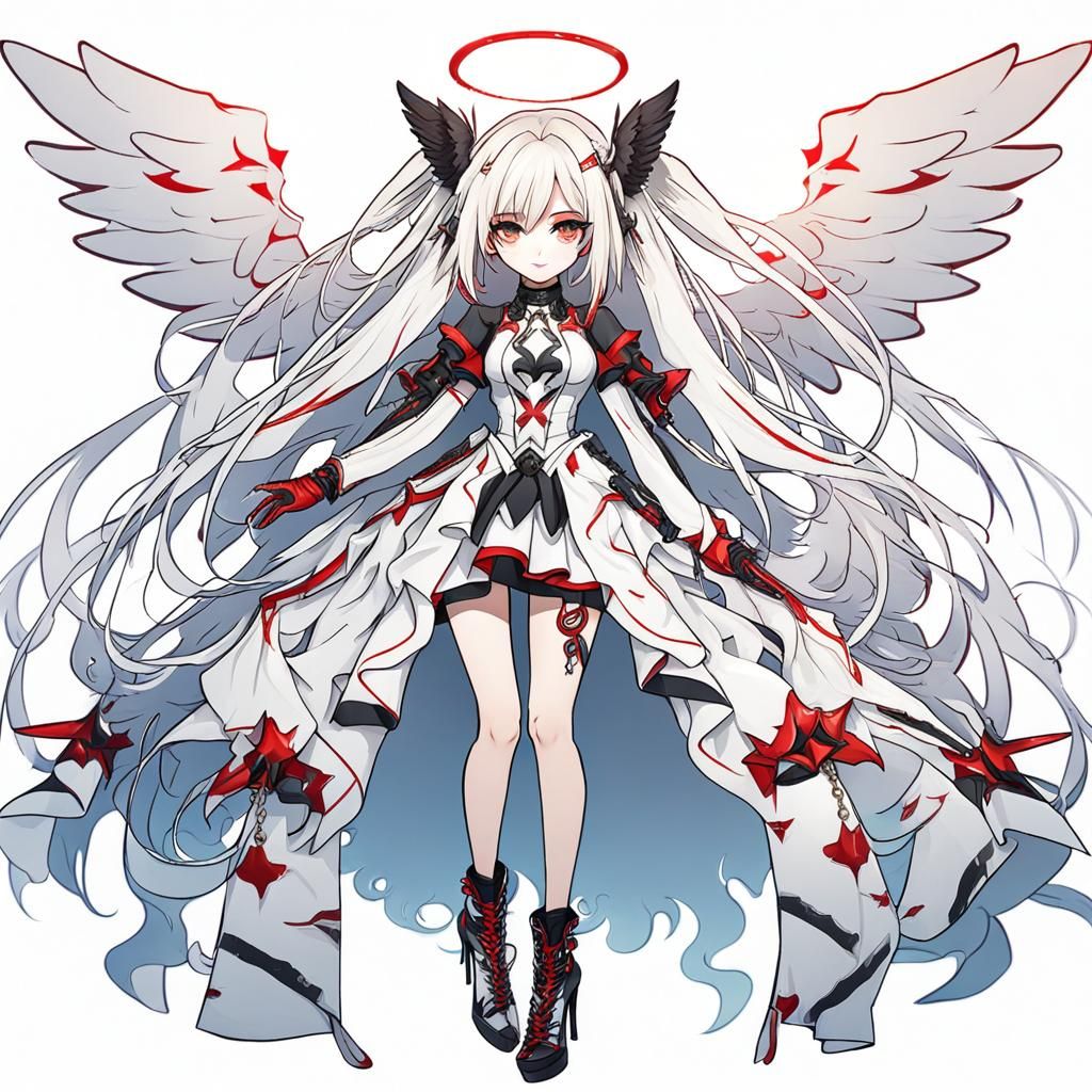 Stylized Black and Red Angel Character with Wings