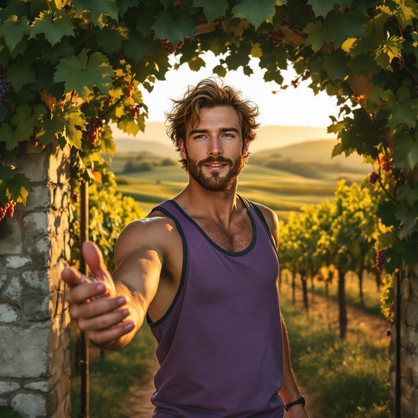 A handsome, sun-kissed califorian man with tousled chestnut hair and a neatly trimmed beard, in a purple take top and jo...