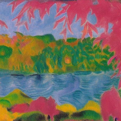 Pink Moon Over Autumn Forest, Chagall and Kirchner Style