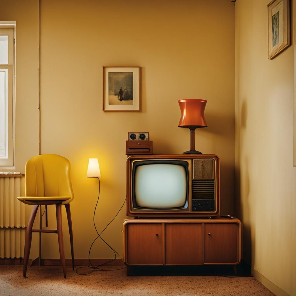 Nostalgic 1970s Family Scene in Bauhaus Style