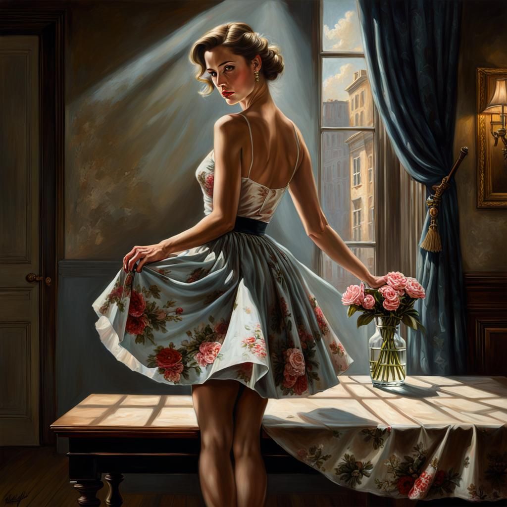 Ethereal Beauty in Brothel Scene: Oil on Canvas