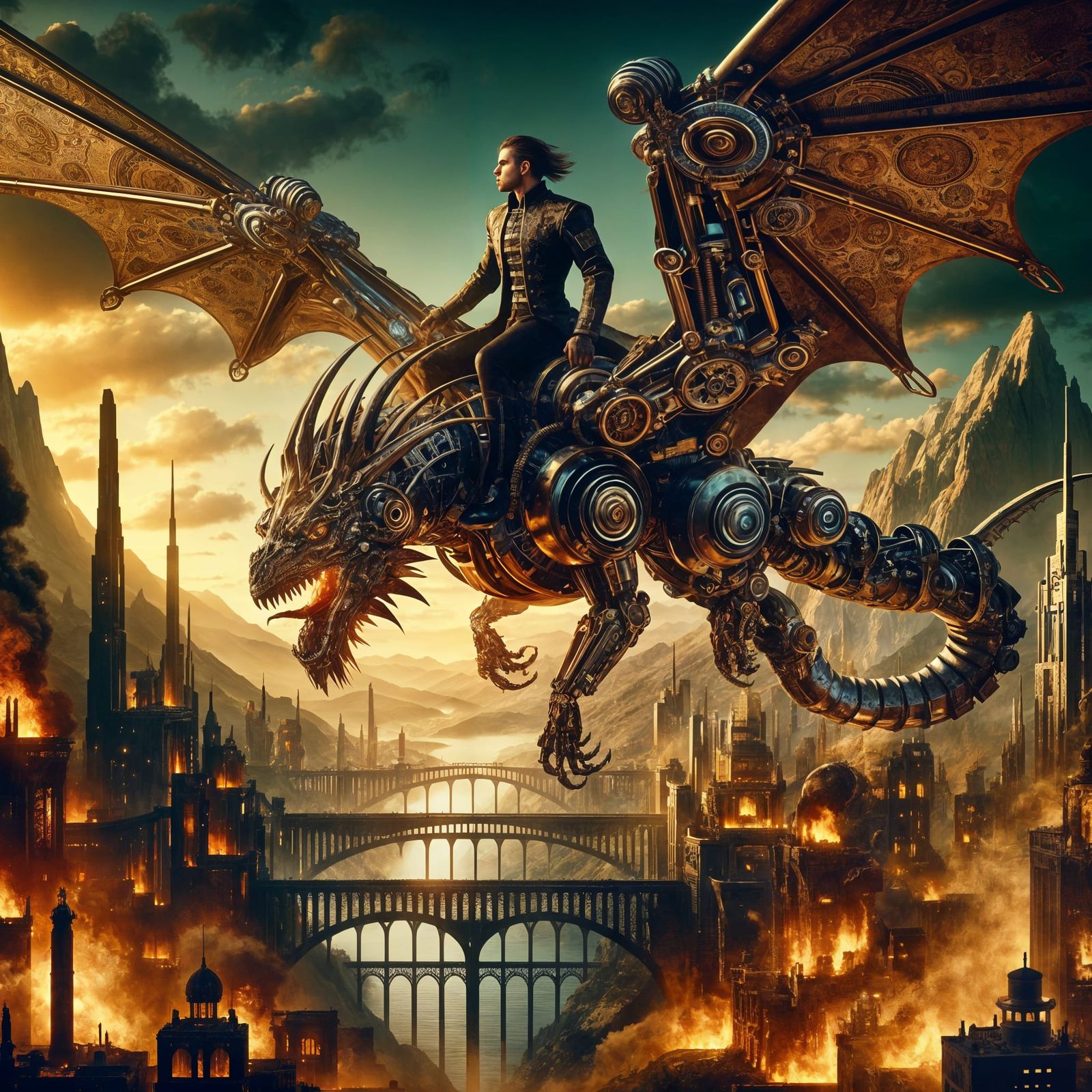 Steampunk Warrior Soaring on Robot Dragon over City