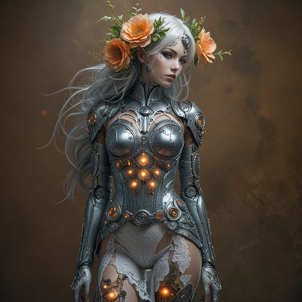 Elegant Steampunk Cyborg with Floral Metal Body