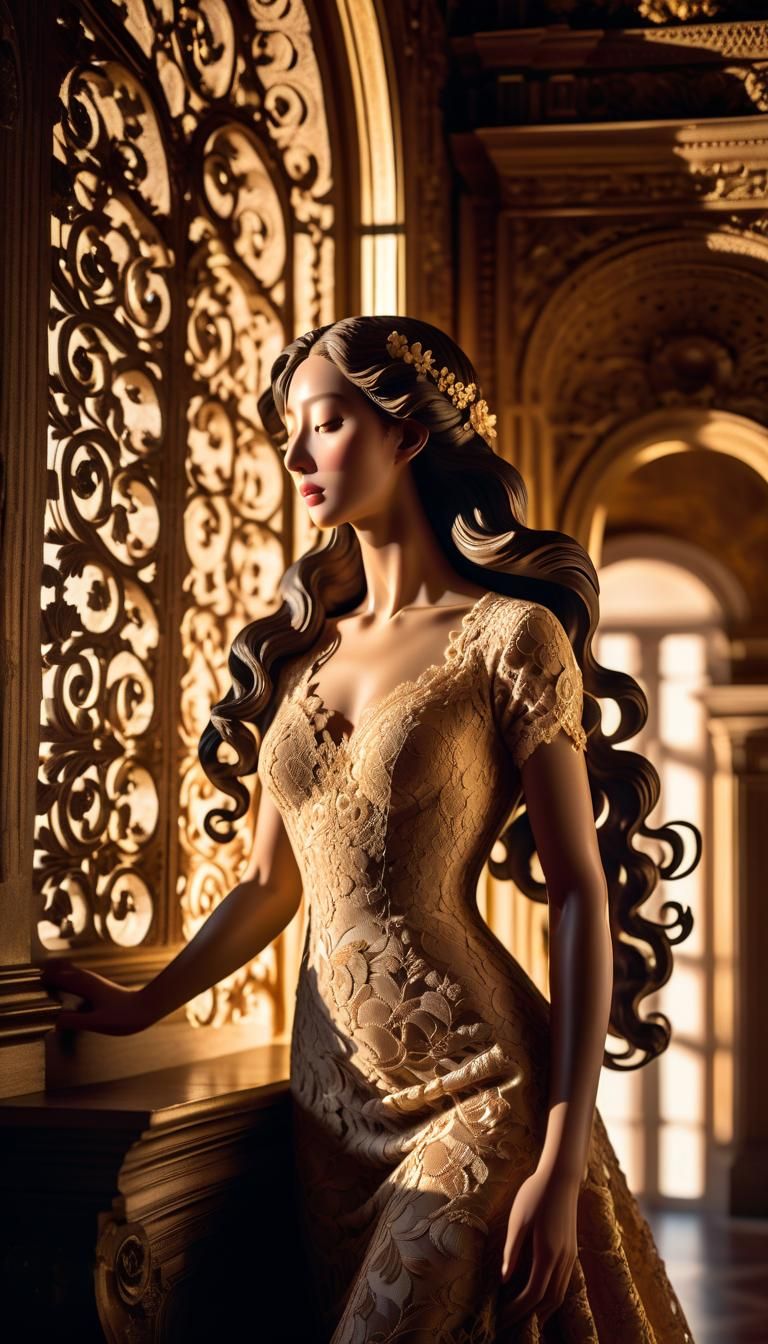 Intricate wood carving statue of a woman with long hair wear...