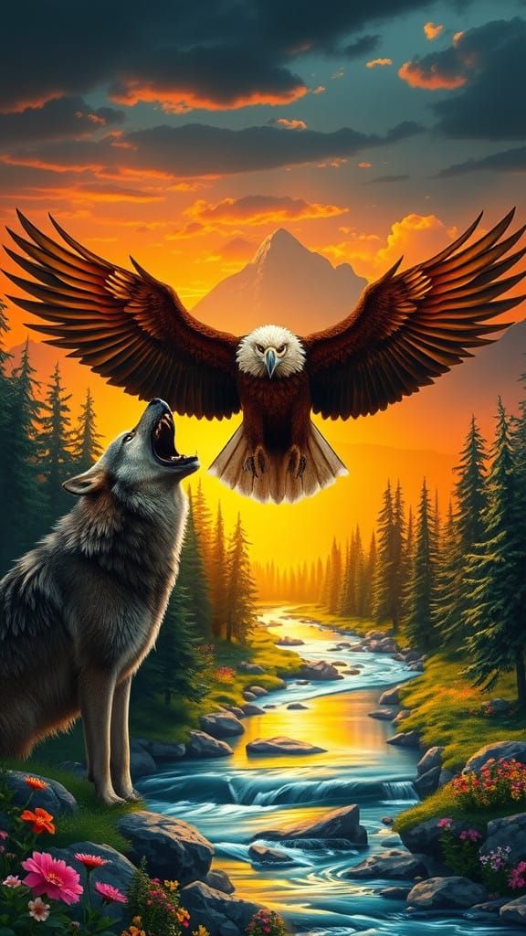 Surreal Wildlife Scene with Majestic Eagle and Wolf