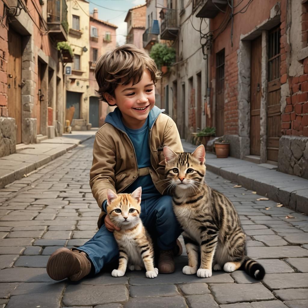 Child and Kitten Embrace in 3D Illustration Style
