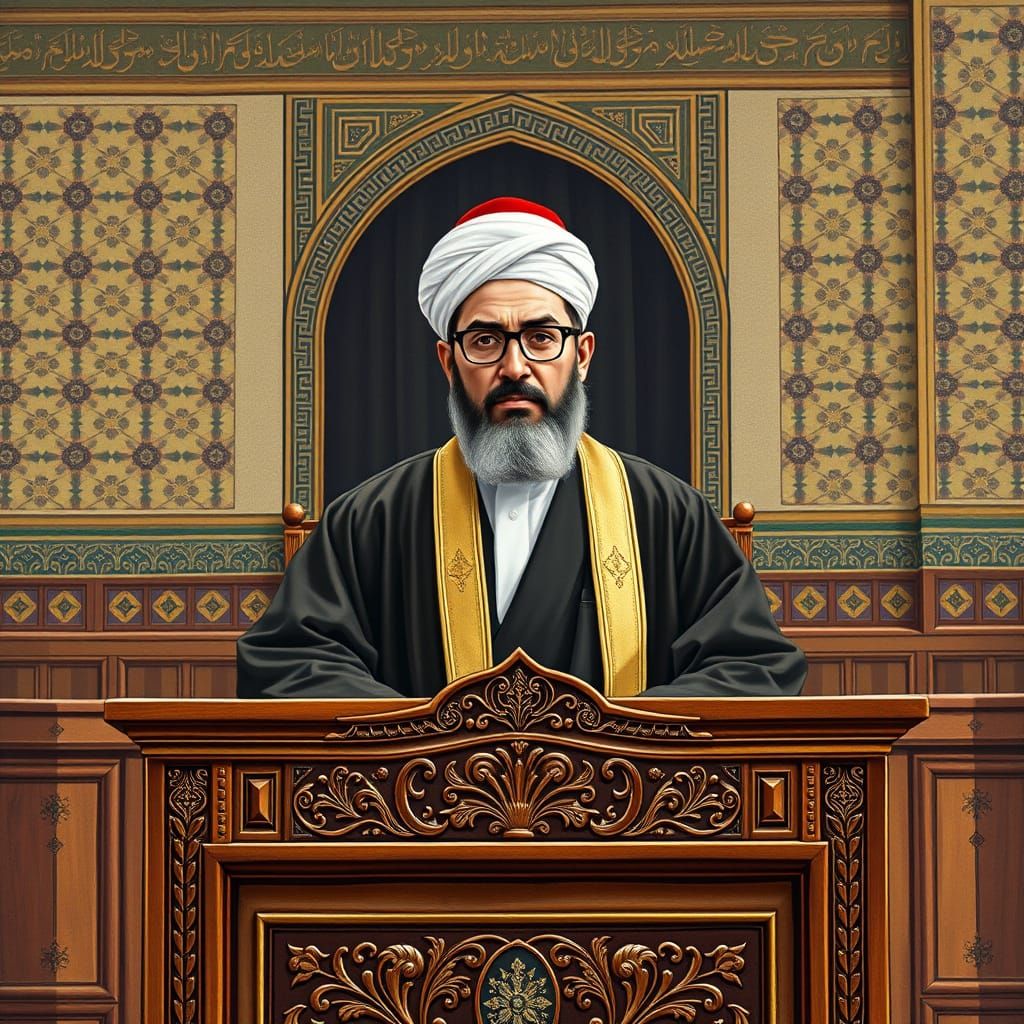 Traditional Syrian Judge in Ornate Courtroom