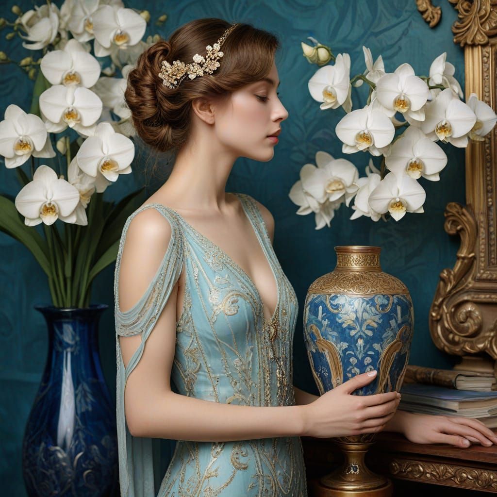 Elegant Woman in Soft Blue Gown with Ornate Vase