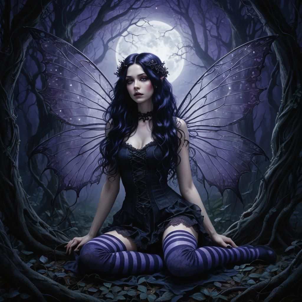 Gothic Fairy in Moonlit Forest, Mystical Art