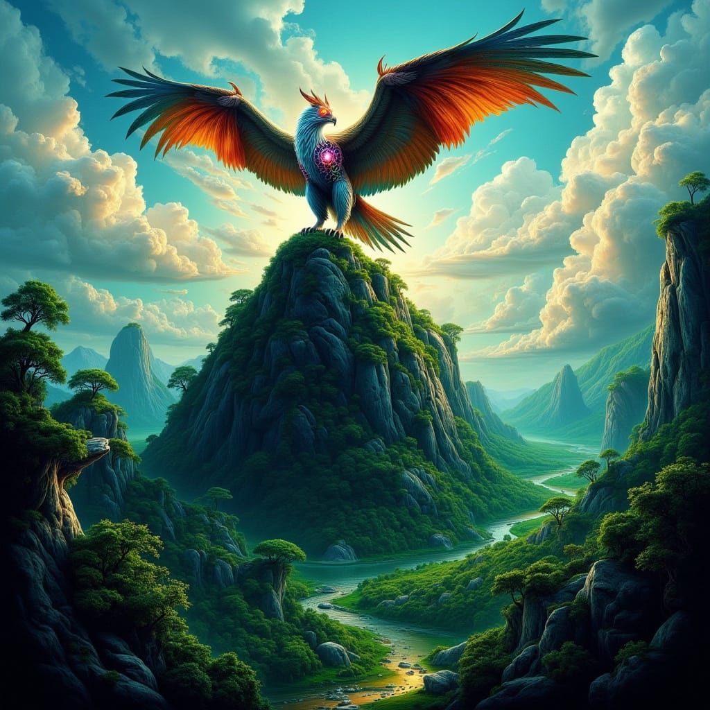 Hyperrealistic Griffin Overlooking Jungle Landscape