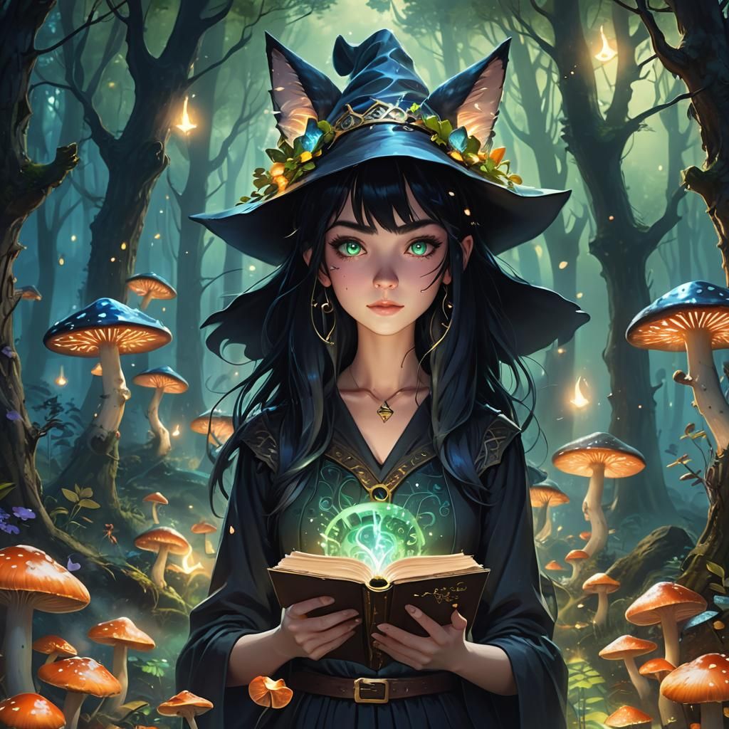Mystical Anime Witch Portrait in Misty Forest