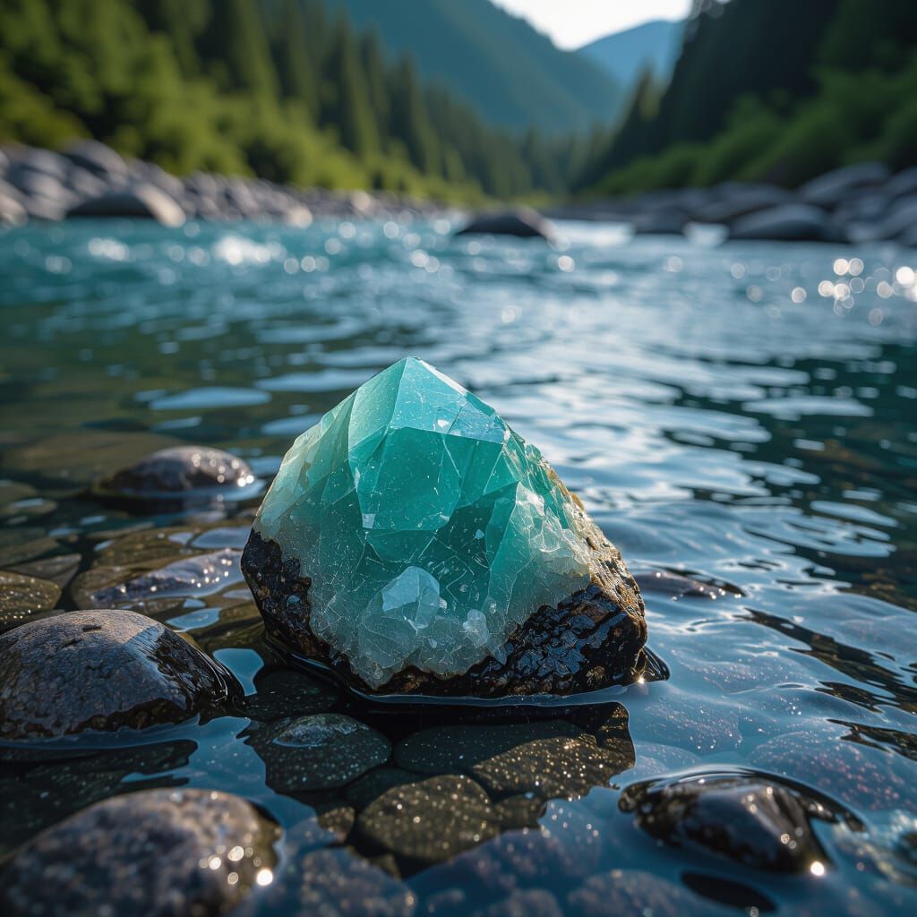 Amazonite Mineral Gleaming by River in Cinematic Style