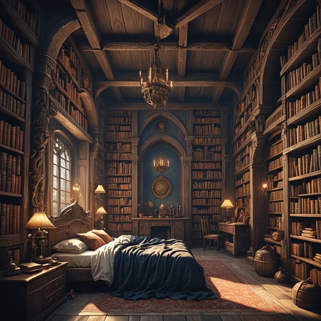 Man Sleeps in Medieval Book-Lined Bedroom
