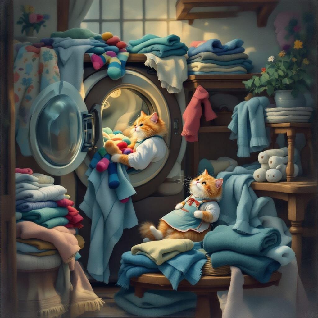 Whimsical Cat Doing Laundry in Storybook Style