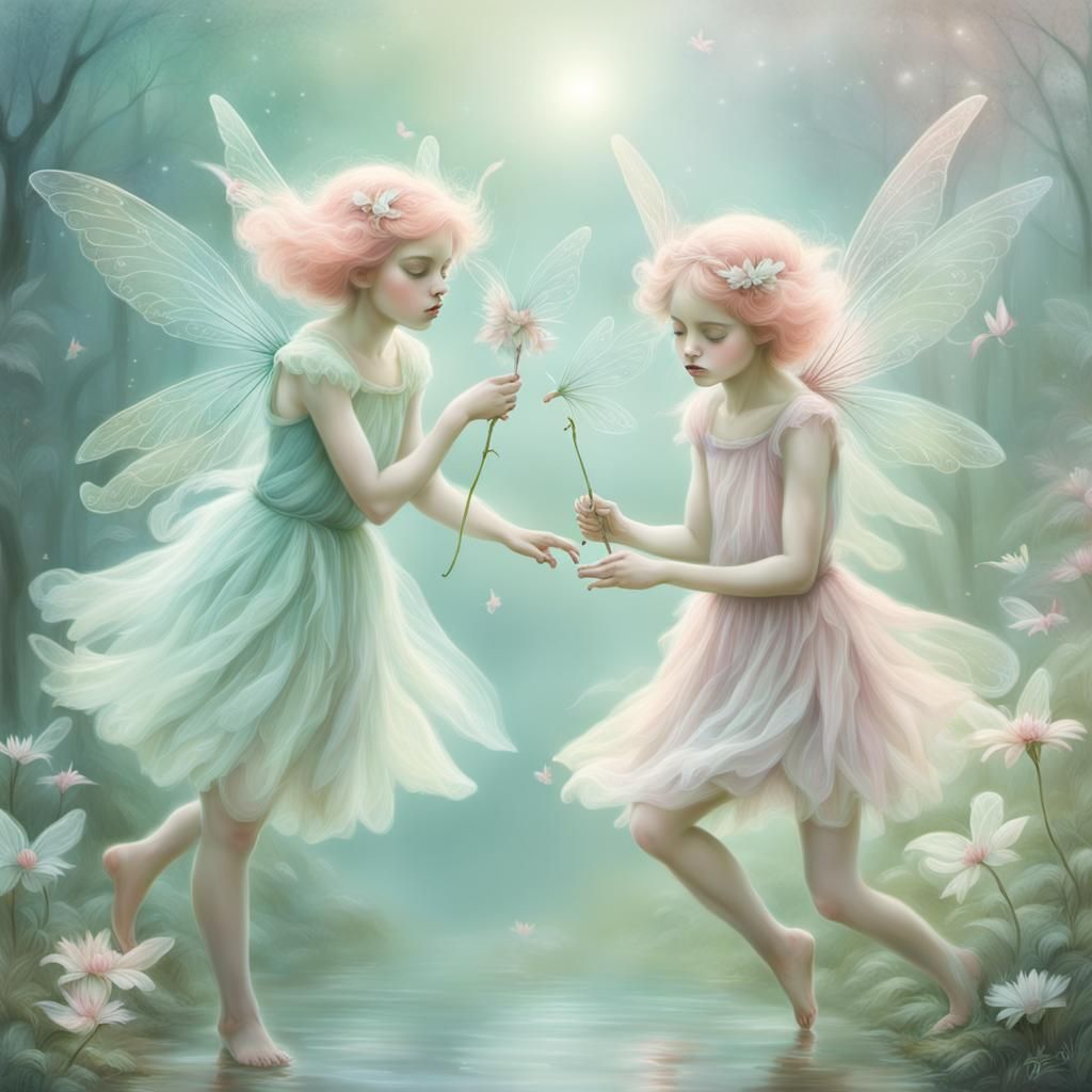 Pastel Fairies Playing in Ethereal Landscape
