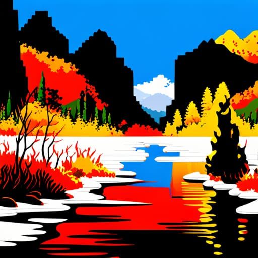 Golden Autumnal Valley with River: 8-bit Style