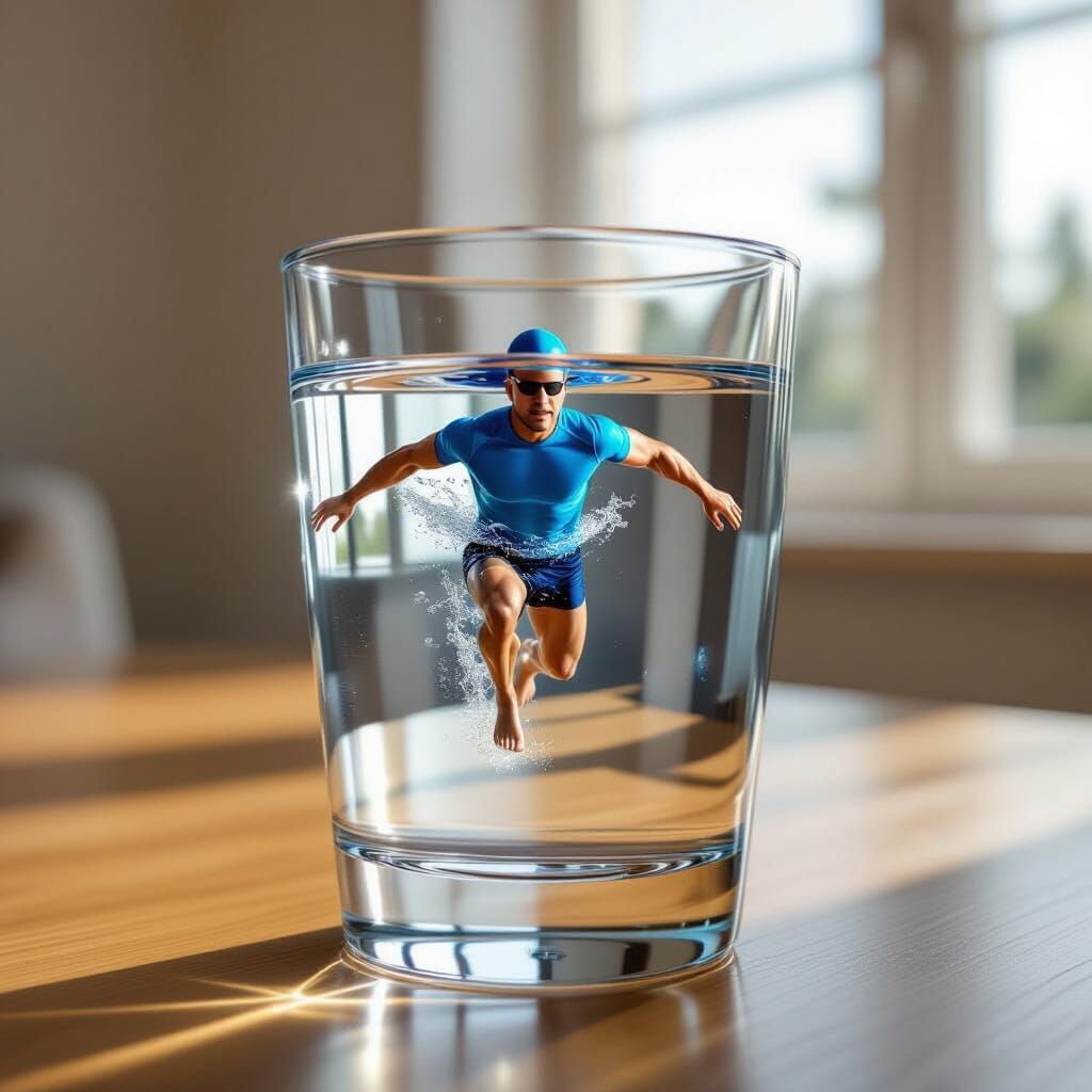 Tiny Man Swims Laps in Water-Filled Glass