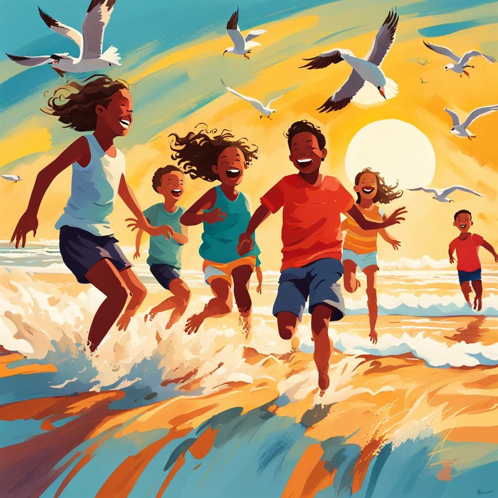 Vibrant Summer Beach Scene in Bold Brushstrokes