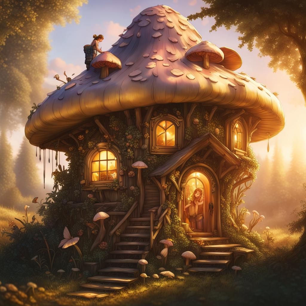 Fairy Carpenter Repairs Mushroom House in Golden Hour