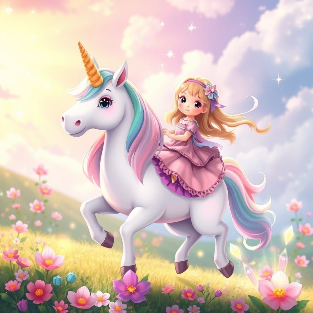 Child Riding Unicorn in Kawaii Fantasy World