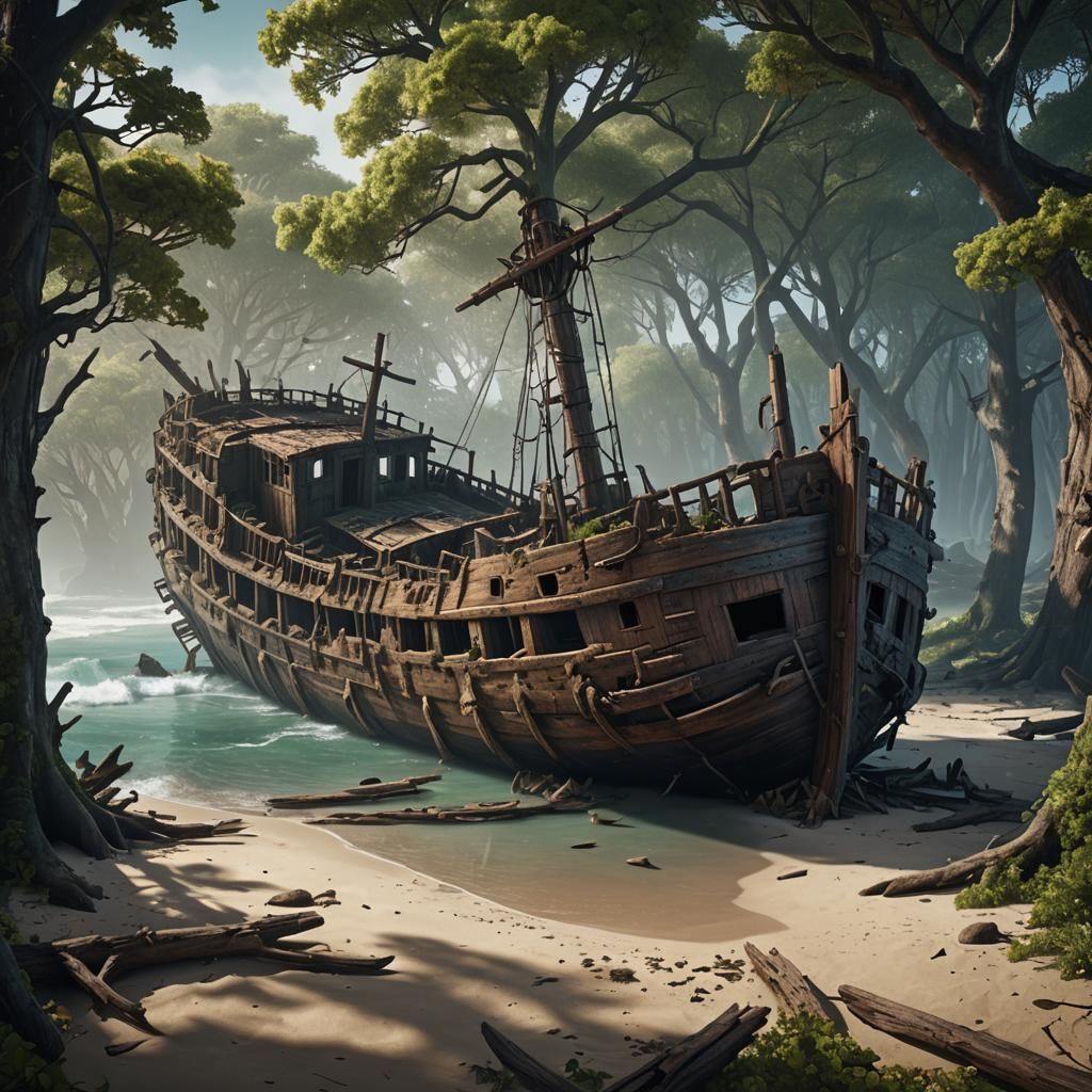 Haunted Shipwreck on Enclosed Beach: Detailed Matte Painting