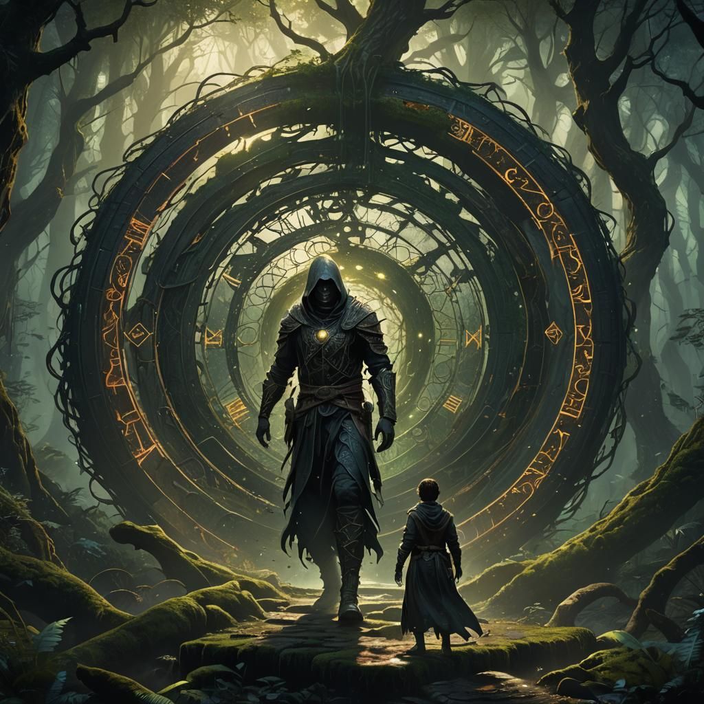 Time Loop in Mystical Forest: Dark Fantasy Art