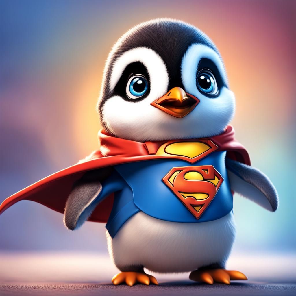Baby Penguin as Superman in Hyperrealistic Style