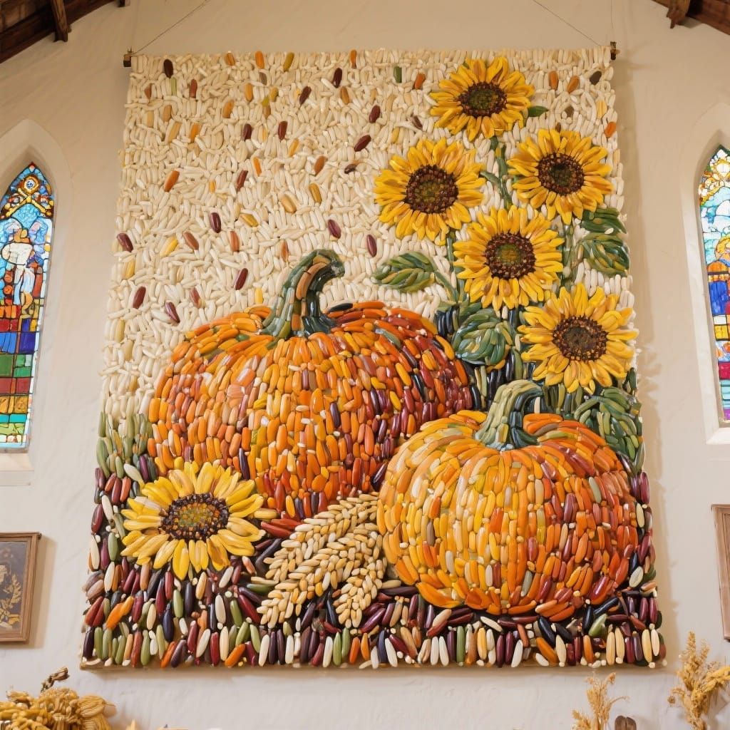 Harvest Festival: Rice Grain Mosaic of Pumpkins