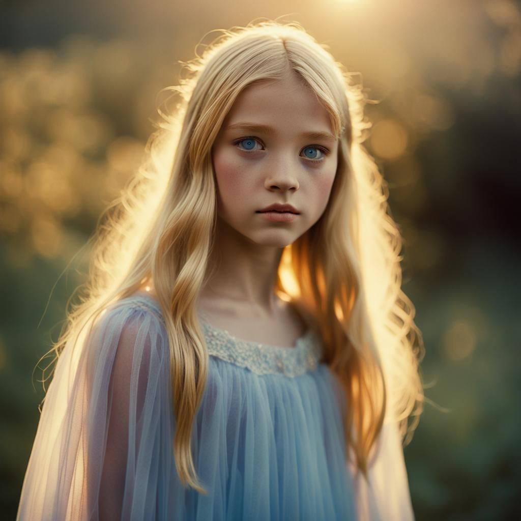 Ethereal Teenage Girl in Sumptuous Light Blue Gown