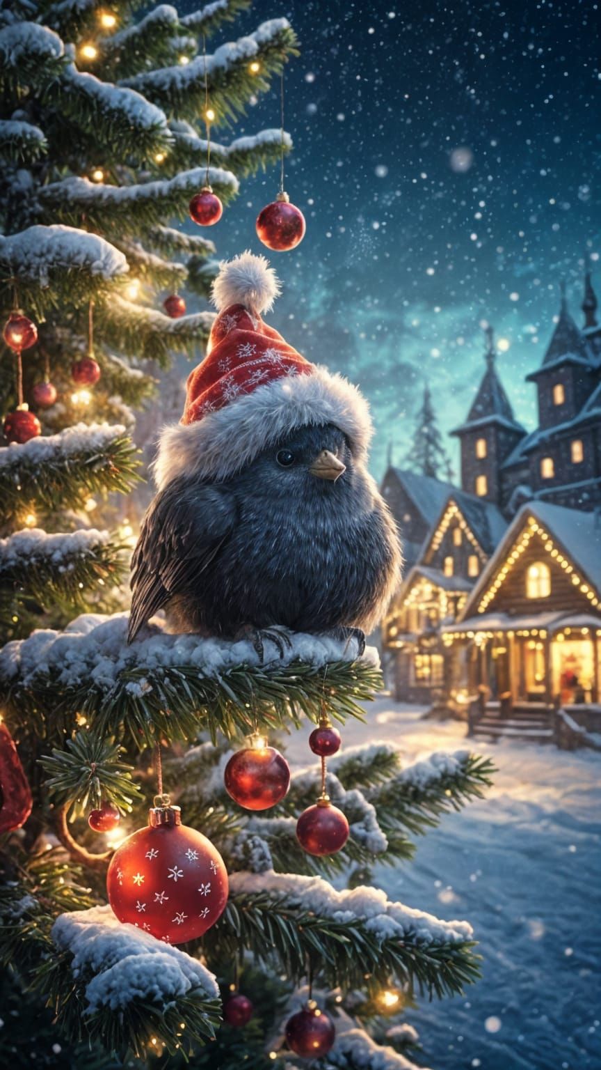 Adorable Fluffy Christmas Bird in Festive Scene
