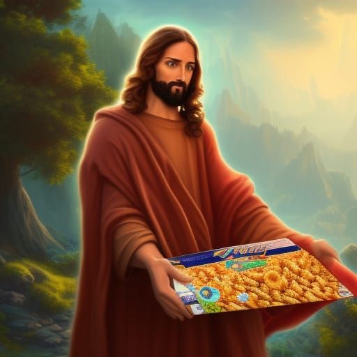 Jesus Holding Cereal Box: Detailed Matte Painting