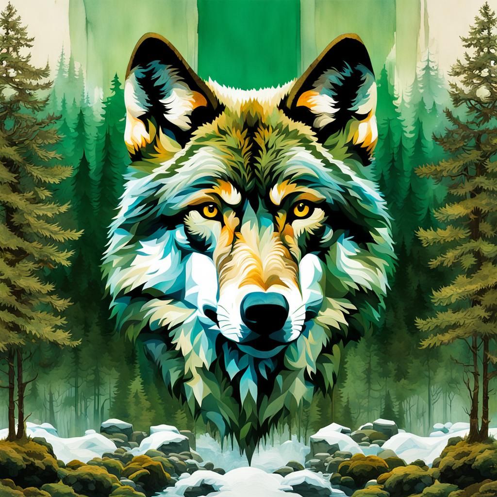 Double Exposure Wolf Portrait with Winter Landscape