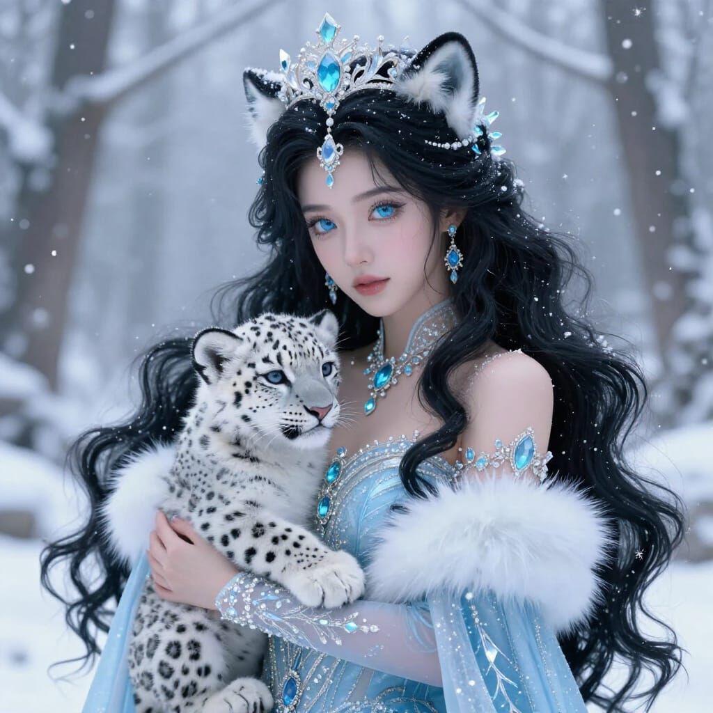 Fantasy Princess with Snow Leopard Cub in Winter Forest