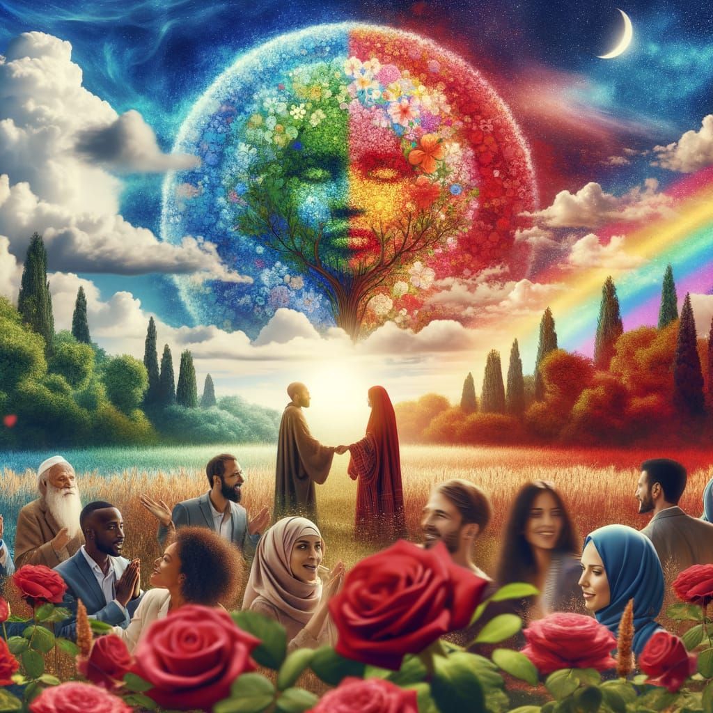 Romantic World Double Exposure with Rainbow and Diverse Peop...