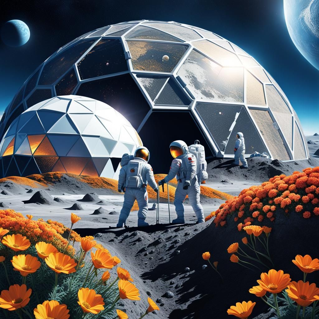 Three men in spacesuits tending to the flowers in a geodesic...