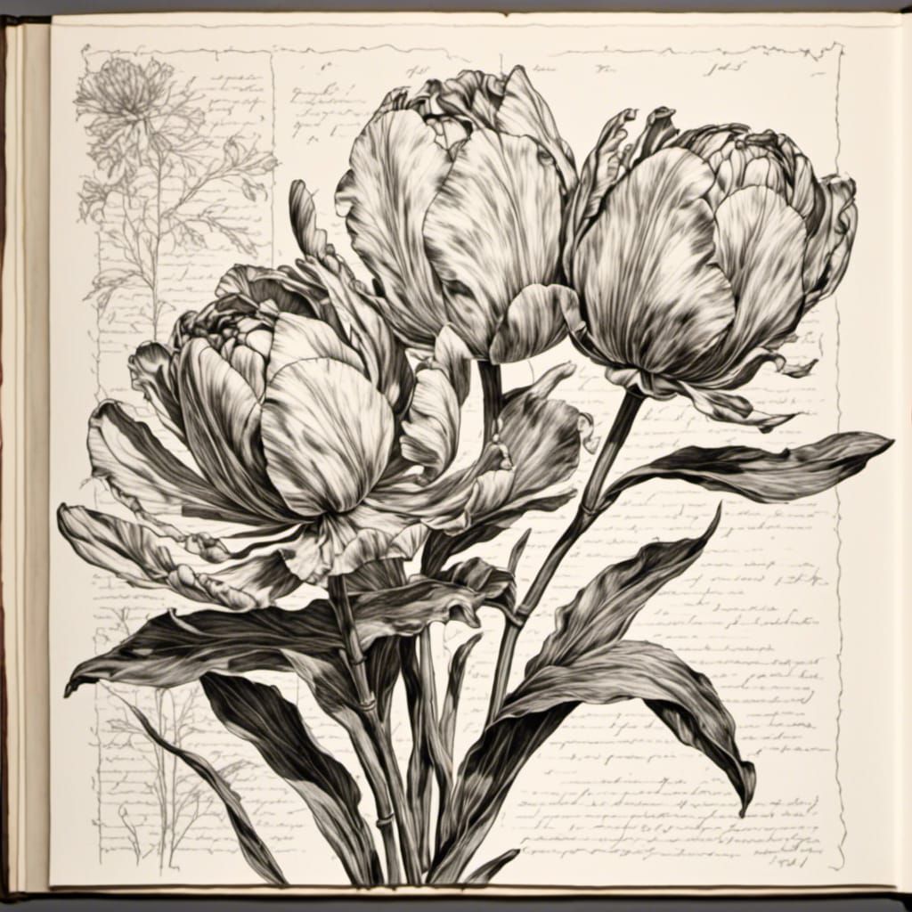 Botanical Ink Drawing of Red Parrot Tulips