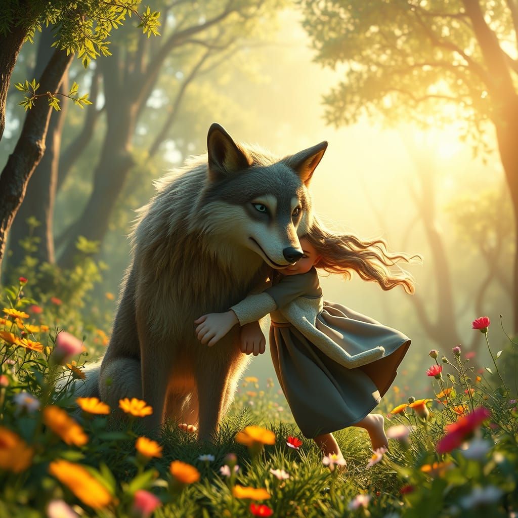 Girl Plays with Majestic Wolf in Whimsical Forest