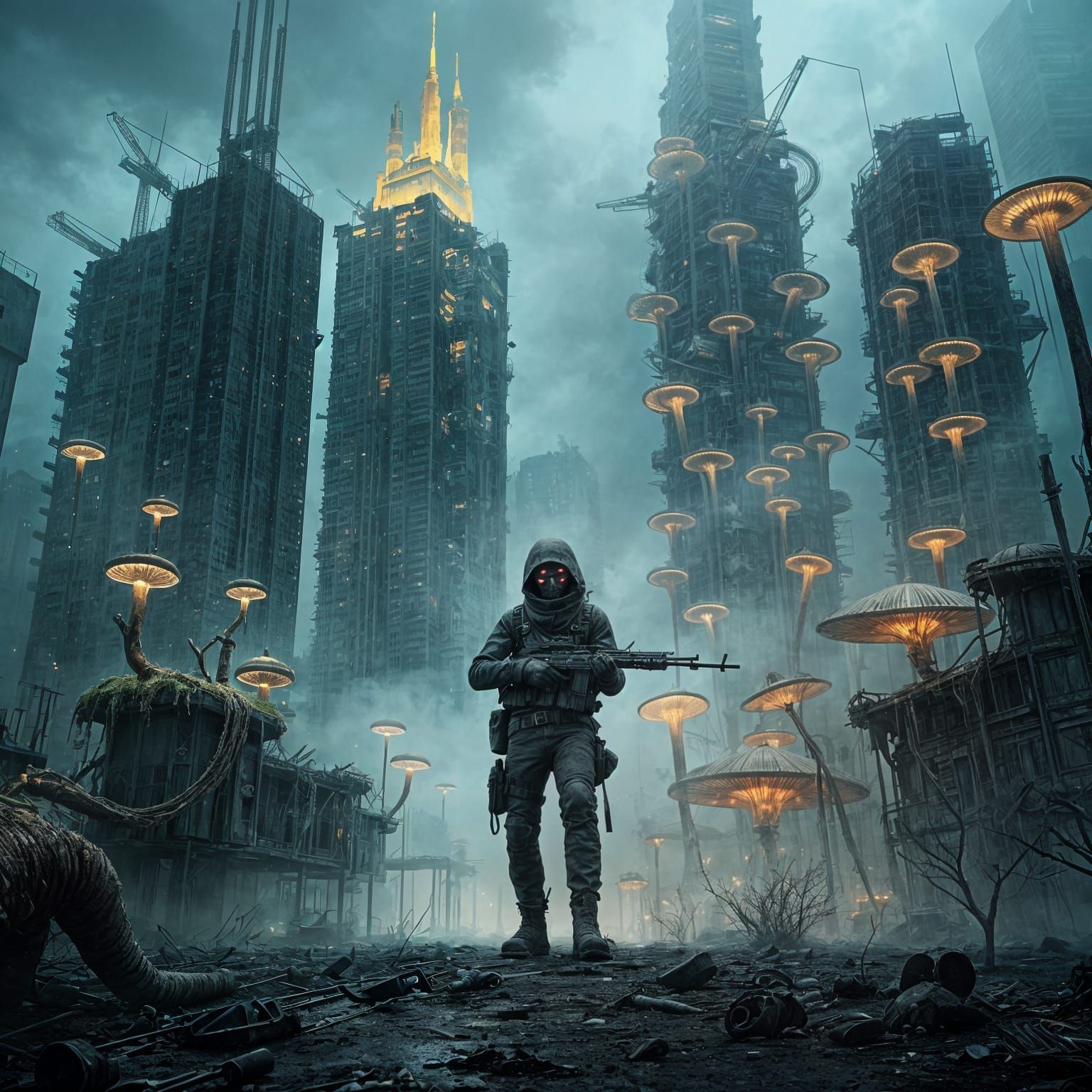 Post-Apocalyptic Wanderer in Surreal Cityscape