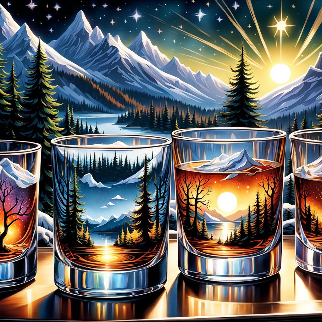 Whiskey Glasses in Watercolor Landscape with Gothic Motifs