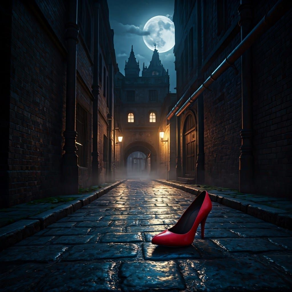 Red High Heel in Gothic Alleyway: Matte Painting