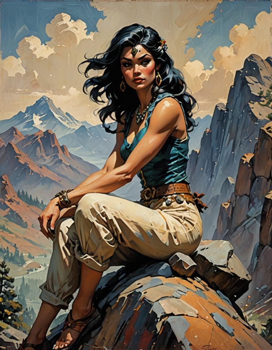 In the style of Frank Frazetta, create an image of a fair sk...