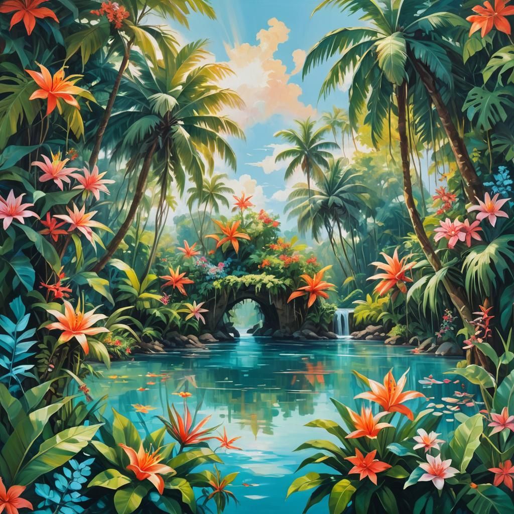 Floating Tropical Haven: An Oil Painting in Paradise
