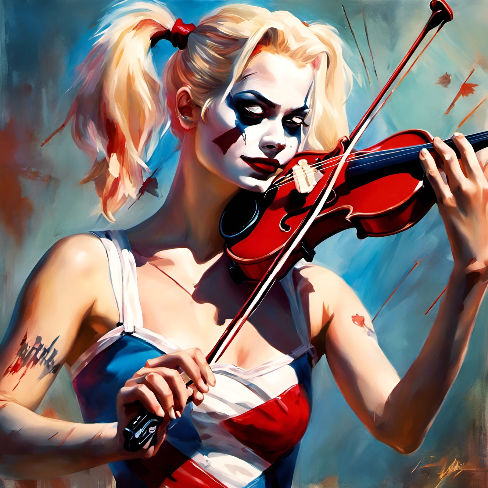 Harley Quinn Plays Violin: Portrait in Mixed Media Style