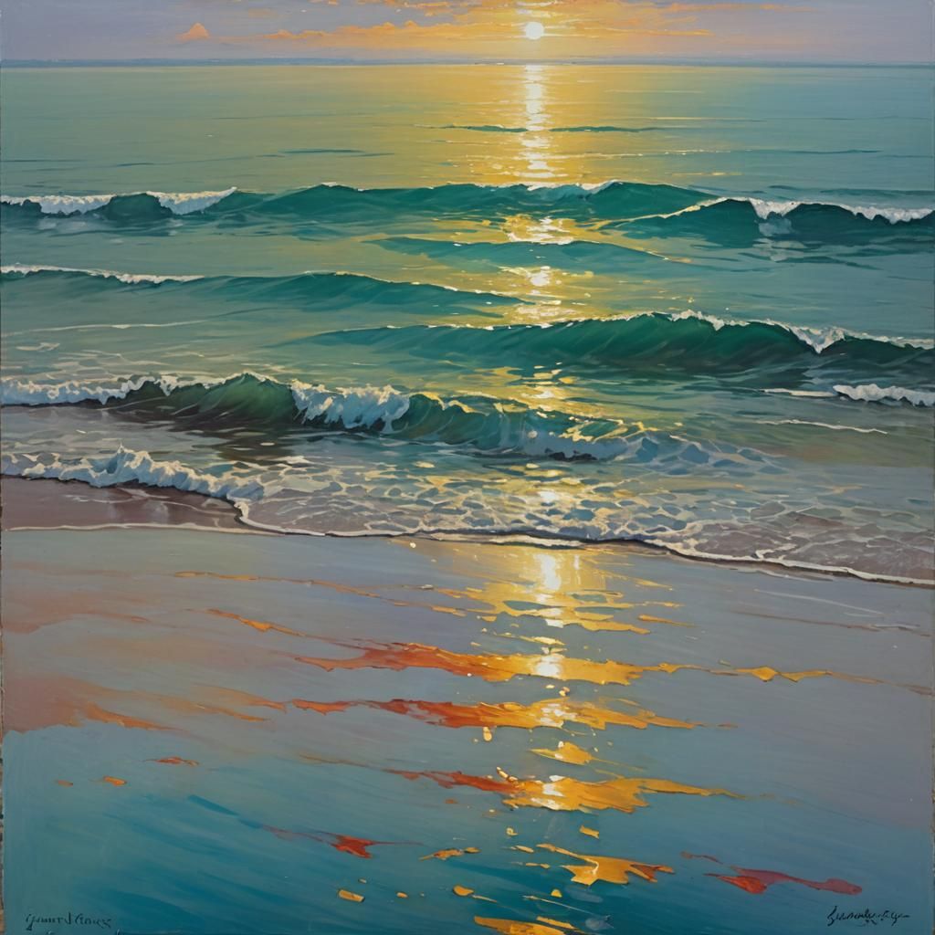 Rainbow Light Reflection on Sea, Oil Painting
