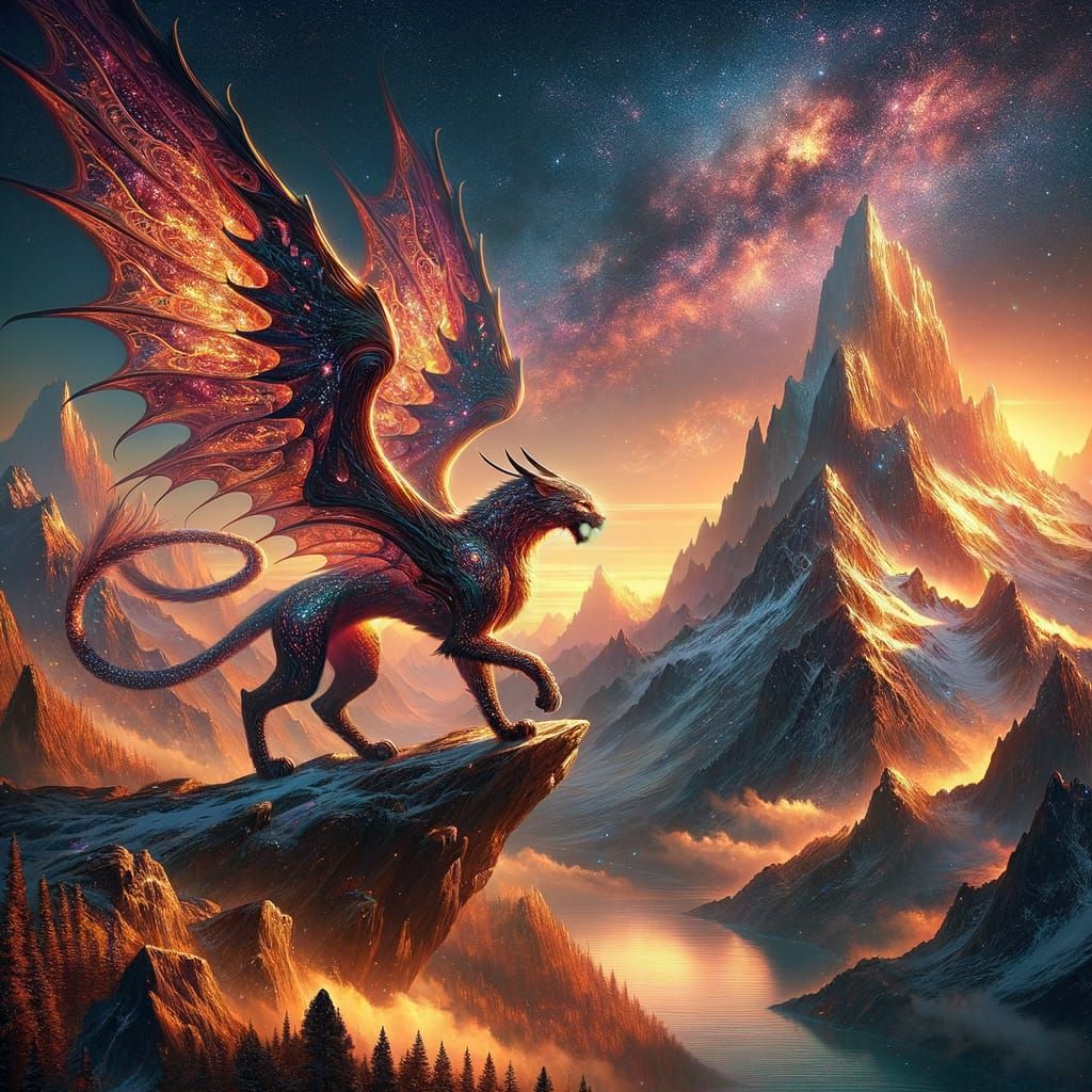 Celestial Wyvern soars over Majestic Mountains