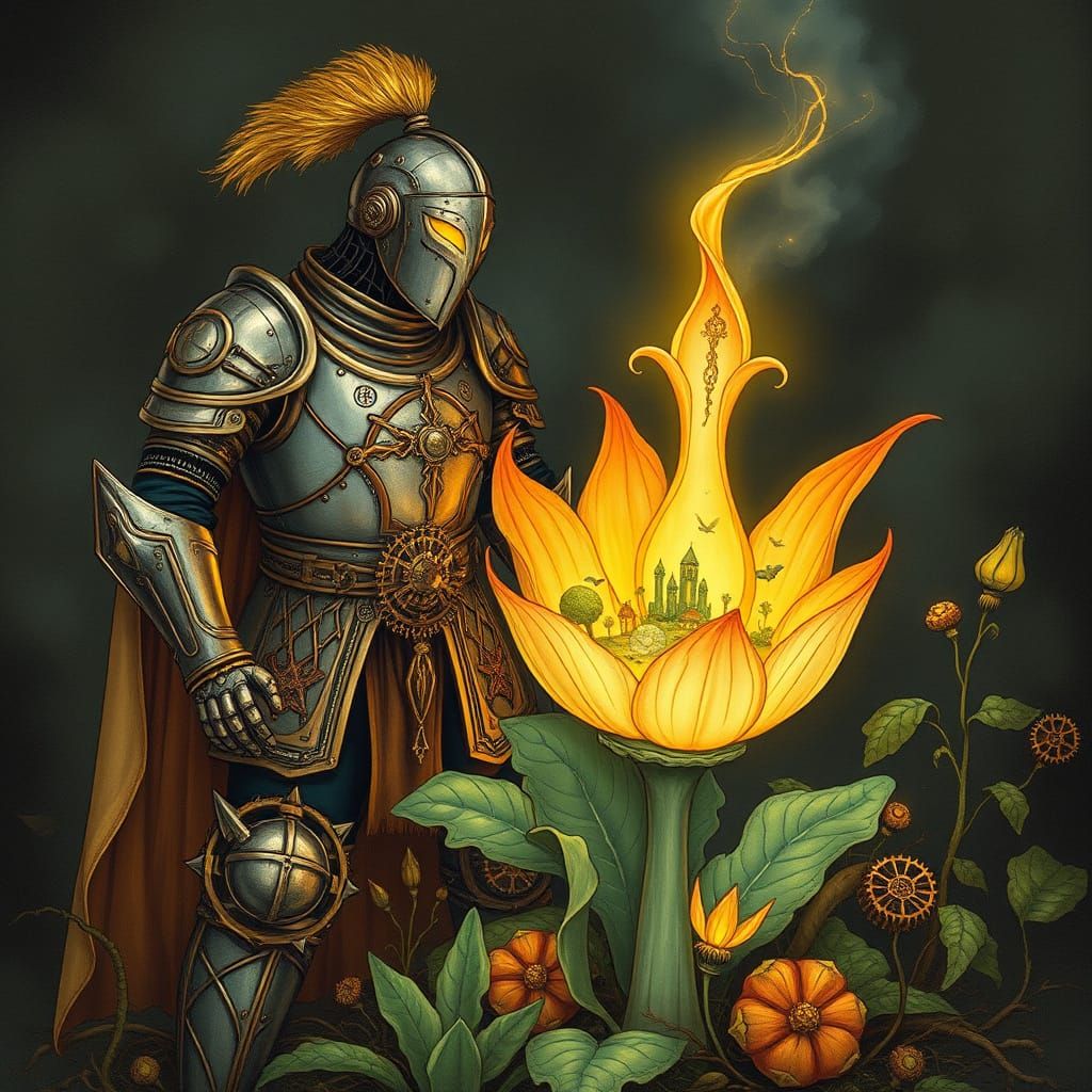 Steampunk Knight Guards Glowing Flower with Inner World