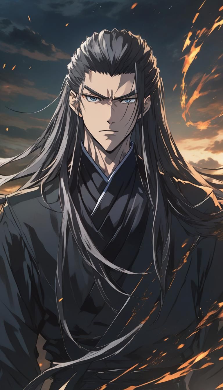 Anime-Style Man with Flowing Hair