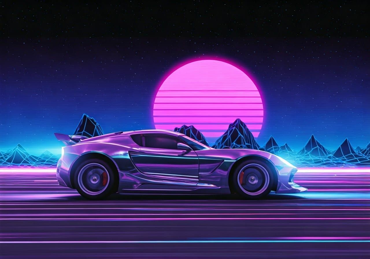 Retro Pixel Art Racing Car in Vaporwave Landscape