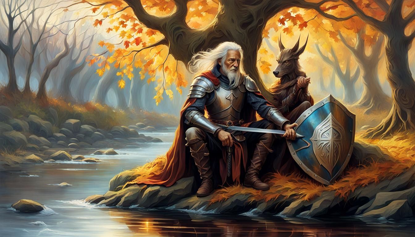 Elderly Warrior Resting by Autumn River, Oil Painting
